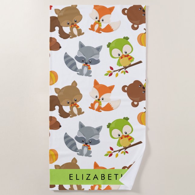 Woodland Animals, Forest Animals, Your Name Beach Towel (Front)