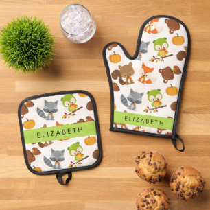 Woodland Animals, Forest Animals, Your Name Oven Mitt & Pot Holder Set