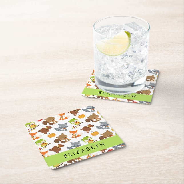 Woodland Animals, Forest Animals, Your Name Square Paper Coaster (Insitu)