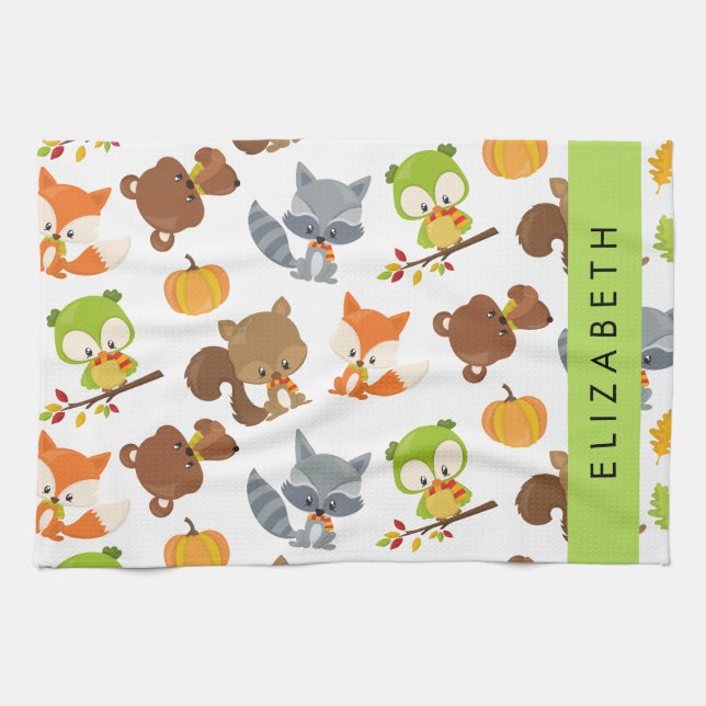 Woodland Animals, Forest Animals, Your Name Tea Towel (Horizontal)