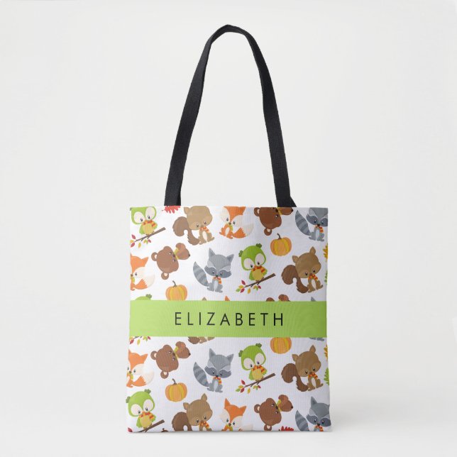 Woodland Animals, Forest Animals, Your Name Tote Bag (Front)