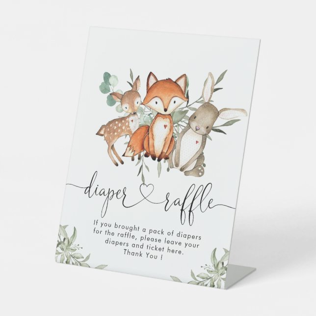 Woodland Animals Forest Baby Shower Diaper Raffle Pedestal Sign (Front)