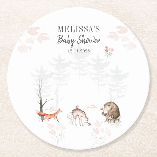 Woodland Animals Forest Baby Shower Round Paper Coaster (Front)