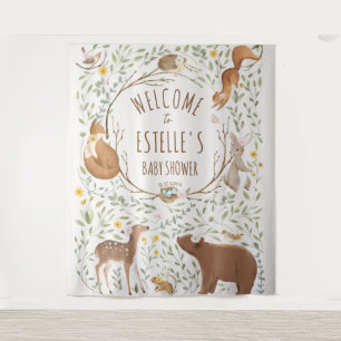 Woodland Animals Forest Baby Shower Welcome Sign Tapestry