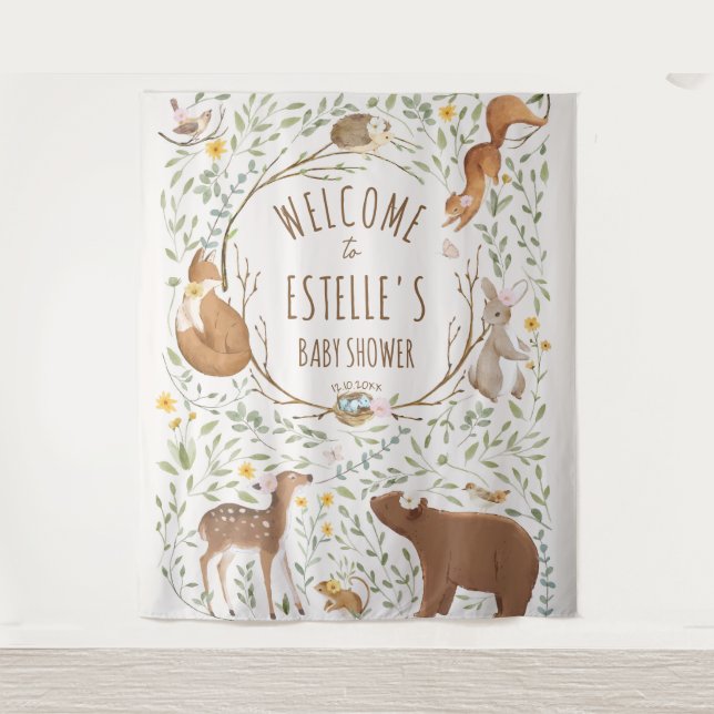 Woodland Animals Forest Baby Shower Welcome Sign Tapestry (Front)