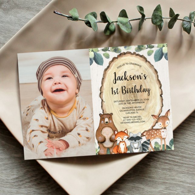 Woodland animals forest boy 1st birthday photo invitation (Creator Uploaded)