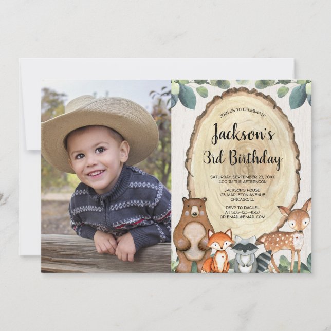 Woodland animals forest boy birthday photo invitation (Front)