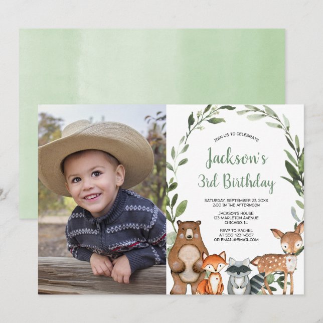 Woodland animals forest boy or girl birthday photo invitation (Front/Back)