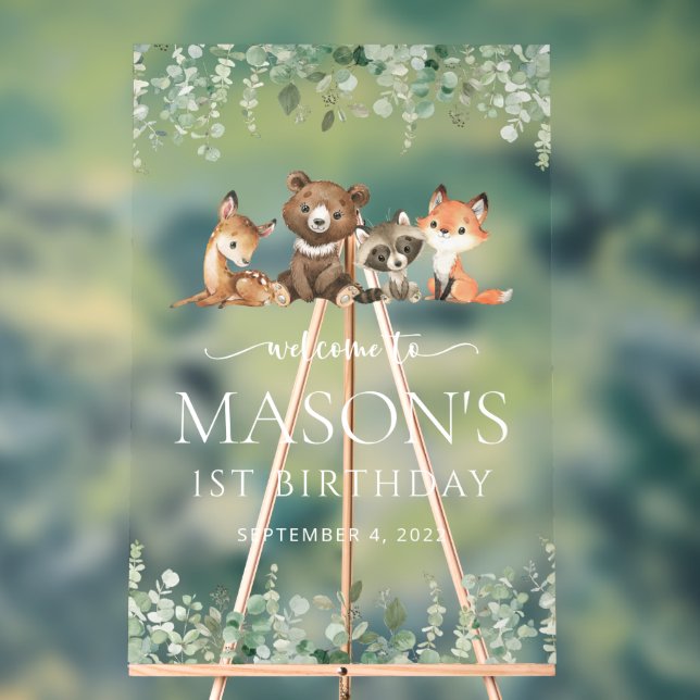 Woodland Animals, Forest, First Birthday Welcome Acrylic Sign (Neutral)