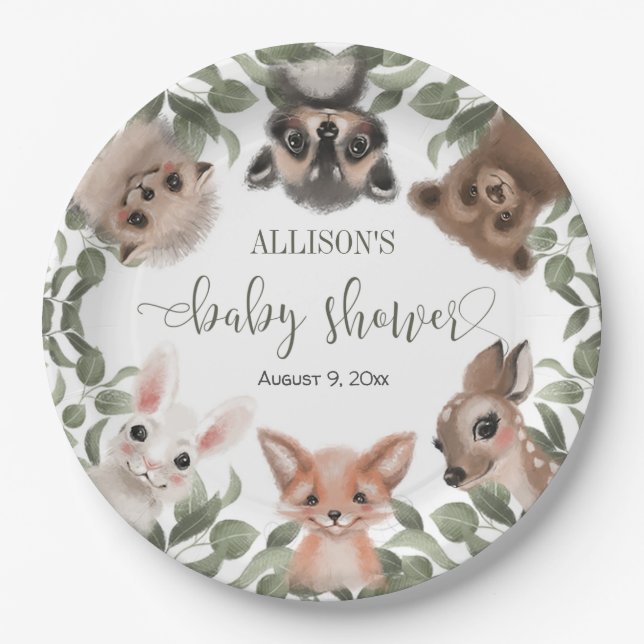 Woodland animals forest friends baby shower paper plate (Front)