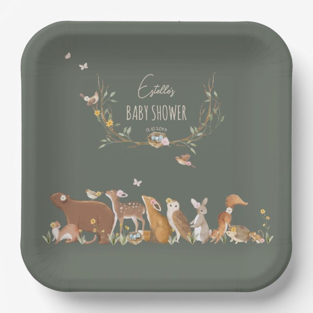 Woodland Animals Forest Friends Baby Shower Paper Plate (Front)