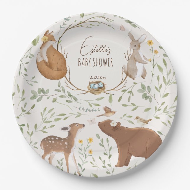 Woodland Animals Forest Friends Baby Shower Paper Plate (Front)