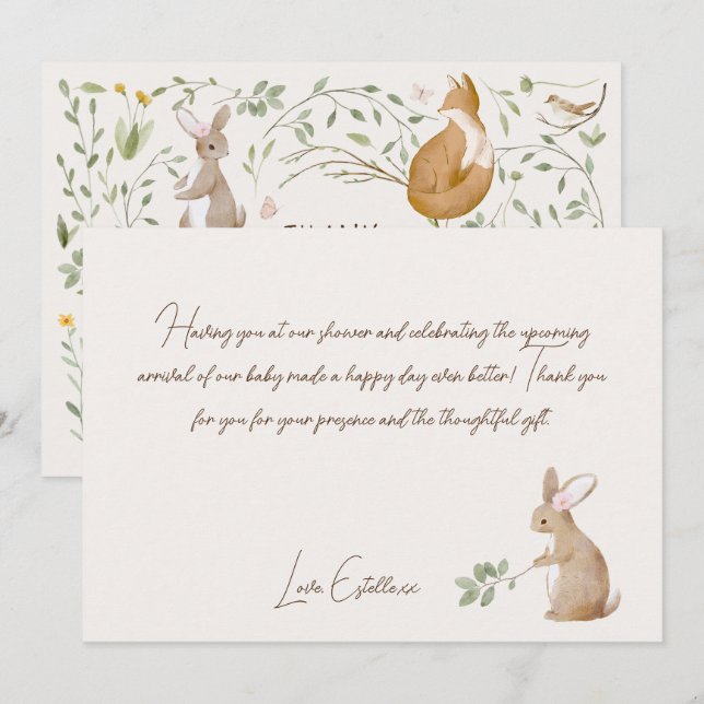 Woodland Animals Forest Friends Baby Shower Thank You Card (Front/Back)