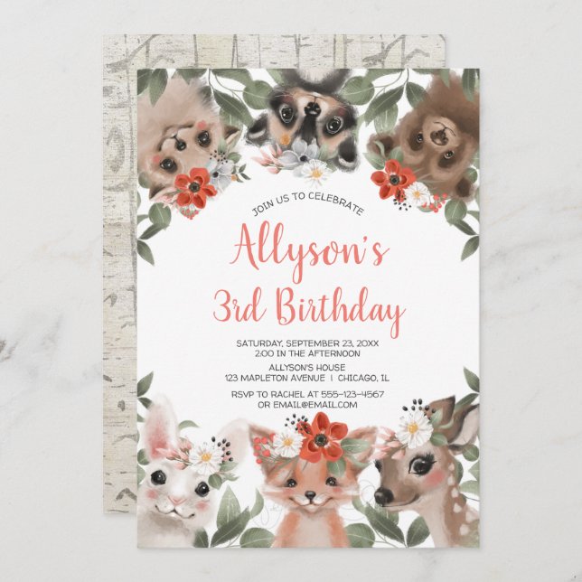 Woodland animals forest friends girl birthday invitation (Front/Back)
