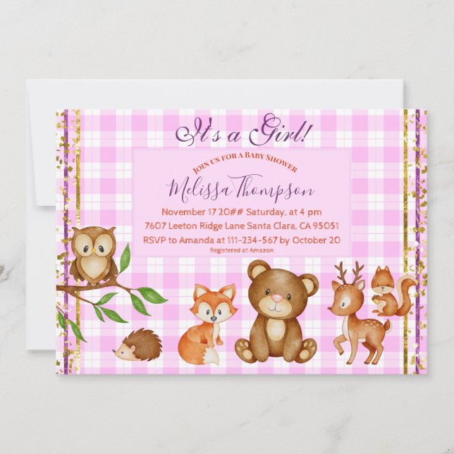 Woodland Animals Forest Friends It's a Girl Plaid  Invitation (Front)