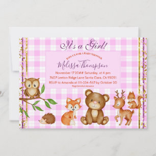 Woodland Animals Forest Friends It's a Girl Plaid  Invitation