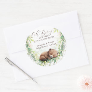 Woodland Animals Forest Greenery Baby Boy Shower Classic Round Sticker