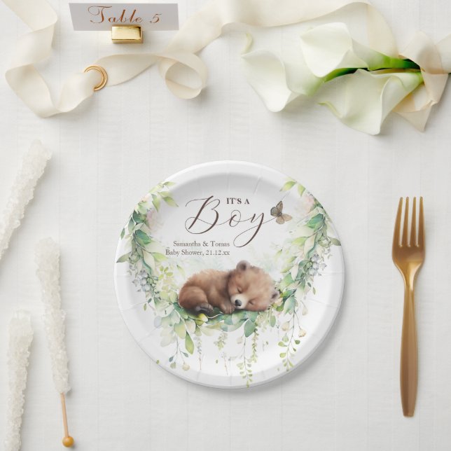 Woodland Animals Forest Greenery Baby Boy Shower Paper Plate (Wedding)