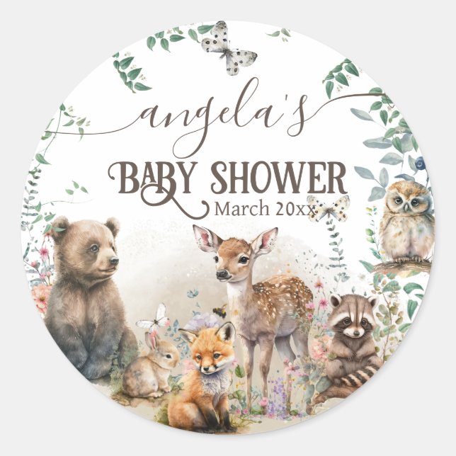 Woodland animals forest greenery Baby Shower Classic Round Sticker (Front)