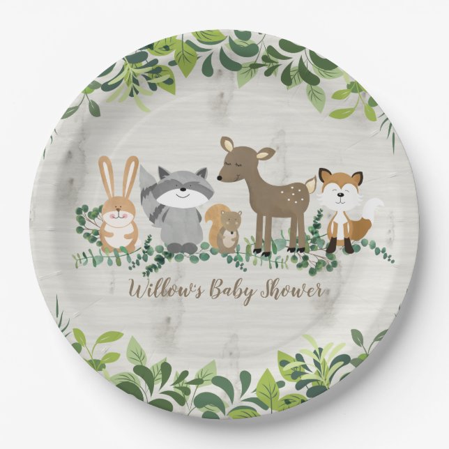 Woodland Animals Forest Greenery Baby Shower Paper Plate (Front)