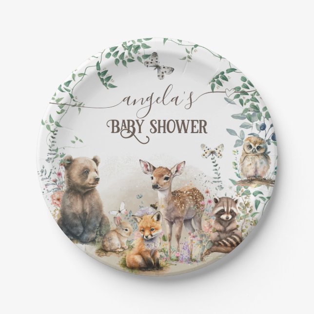 Woodland animals forest greenery Baby Shower  Paper Plate (Front)