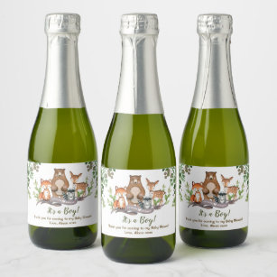 Woodland Animals Forest Greenery Baby Shower Sparkling Wine Label
