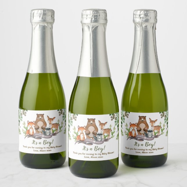 Woodland Animals Forest Greenery Baby Shower Sparkling Wine Label (Bottles)