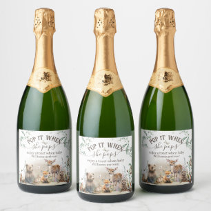 Woodland animals forest greenery Shower She pops Sparkling Wine Label