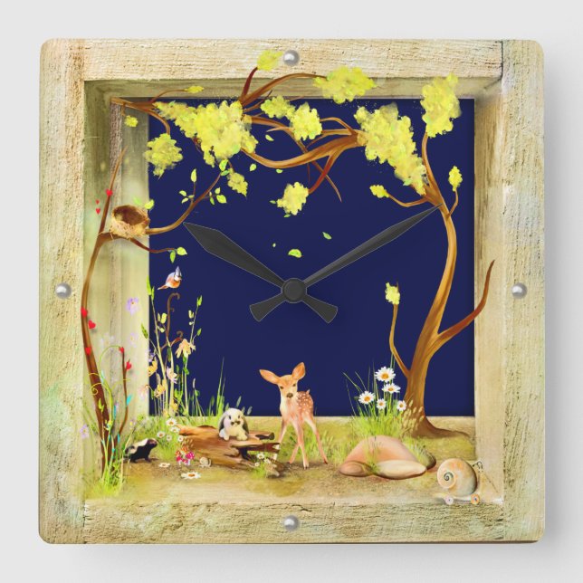 woodland animals forest in a box clock night scene (Front)