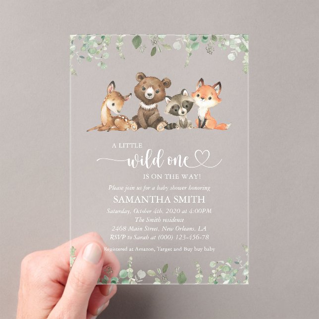 Woodland Animals, Forest, Wild One, Baby Shower Acrylic Invitations (Insitu (Handheld))
