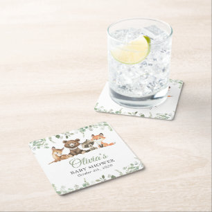 Woodland Animals, Forest, Wild One, Baby Shower Square Paper Coaster