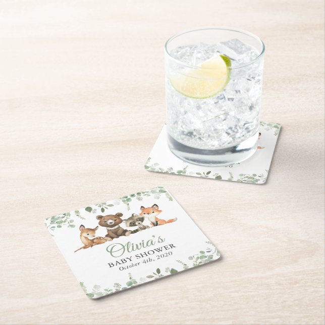 Woodland Animals, Forest, Wild One, Baby Shower Square Paper Coaster (Insitu)