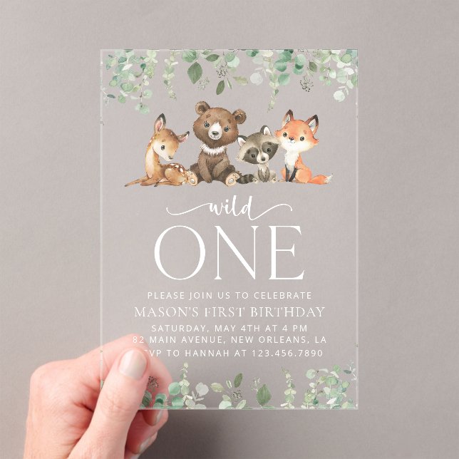 Woodland Animals, Forest, Wild One, First Birthday Acrylic Invitations (Insitu (Handheld))