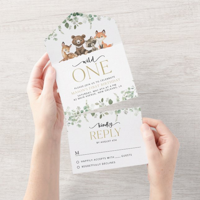 Woodland Animals, Forest, Wild One, First Birthday All In One Invitation (Tearaway)