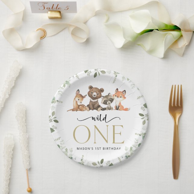 Woodland Animals, Forest, Wild One, First Birthday Paper Plate (Wedding)