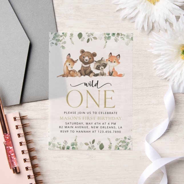 Woodland Animals, Forest, Wild One, First Birthday Vellum Invitations (Wedding)
