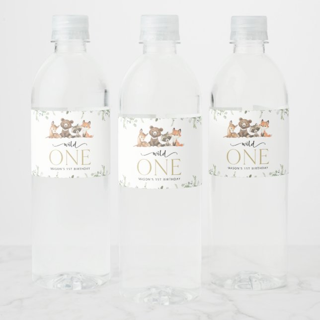 Woodland Animals, Forest, Wild One, First Birthday Water Bottle Label (Bottles)