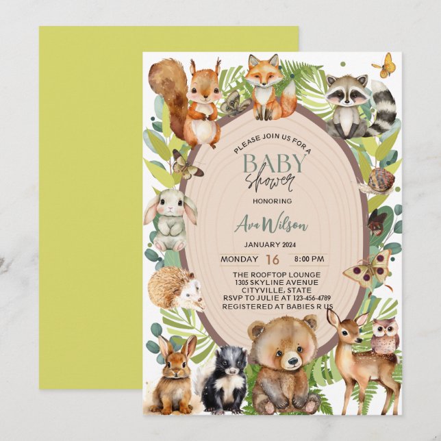 woodland animals forest wood slice baby shower invitation (Front/Back)