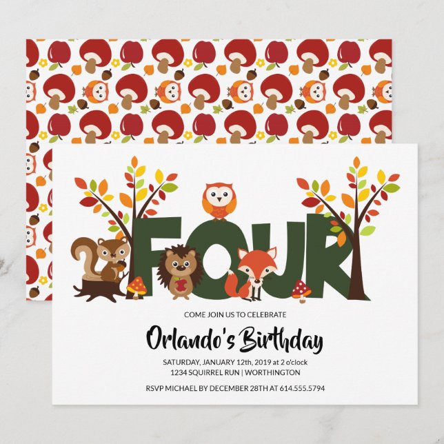 Woodland Animal's Fourth Birthday Party Invitation (Front/Back)