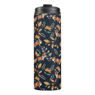 Woodland Animals Fox and Greenery on Black Thermal Tumbler