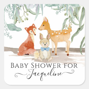 Woodland Animals Fox Deer Rabbit Baby Boy Shower Square Sticker