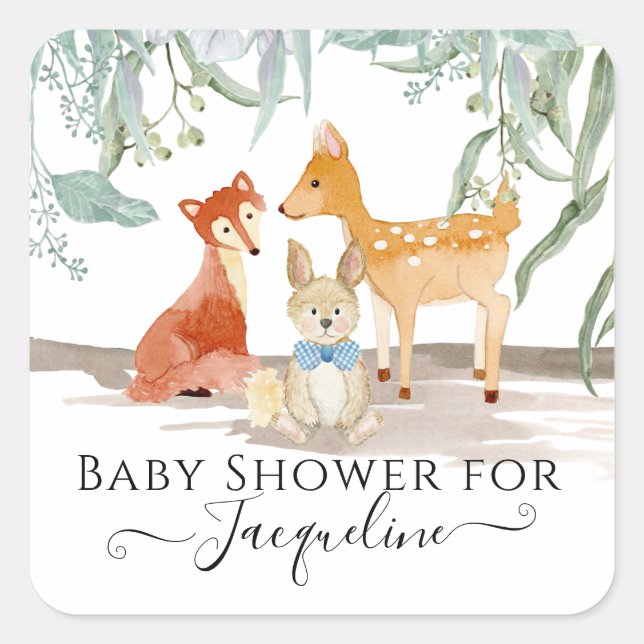 Woodland Animals Fox Deer Rabbit Baby Boy Shower Square Sticker (Front)