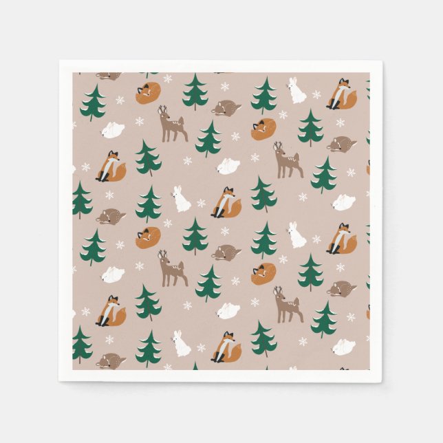 Woodland Animals Fox Deer Rabbit Snowflakes Trees Napkin (Front)