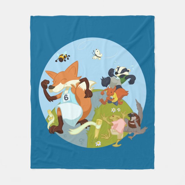 Woodland Animals Fun Running Fox & Badger Cartoon Fleece Blanket (Front)