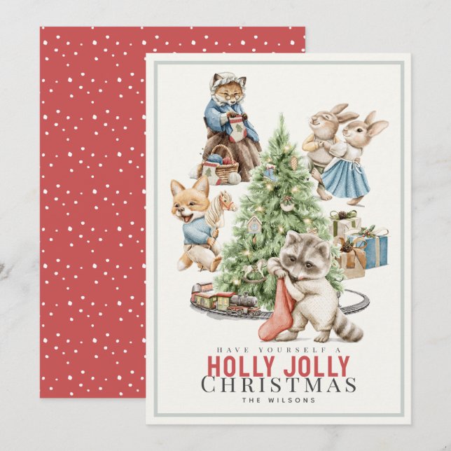 Woodland Animals Gathering Christmas Tree Holiday Card (Front/Back)
