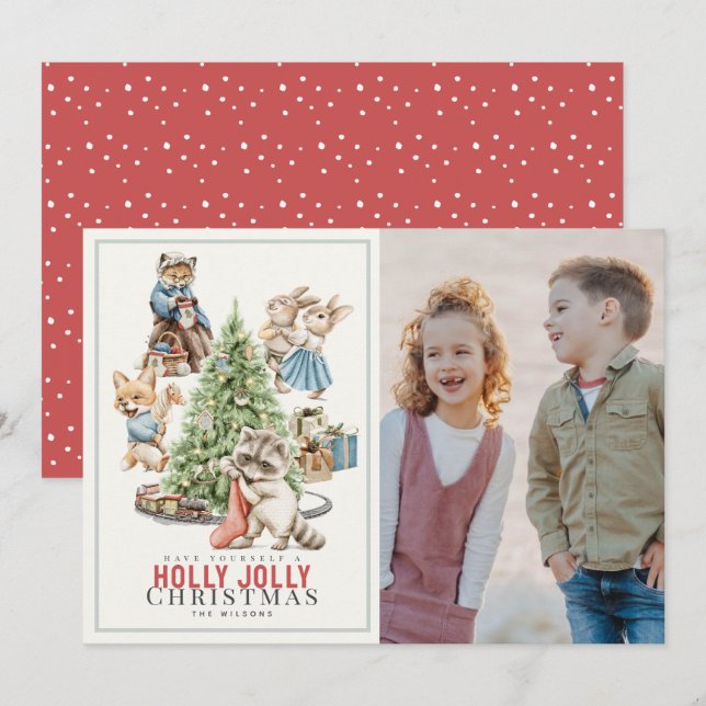Woodland Animals Gathering Christmas Tree Photo Holiday Card (Front/Back)