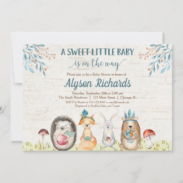 Woodland animals gender neutral baby shower invitation (Front)