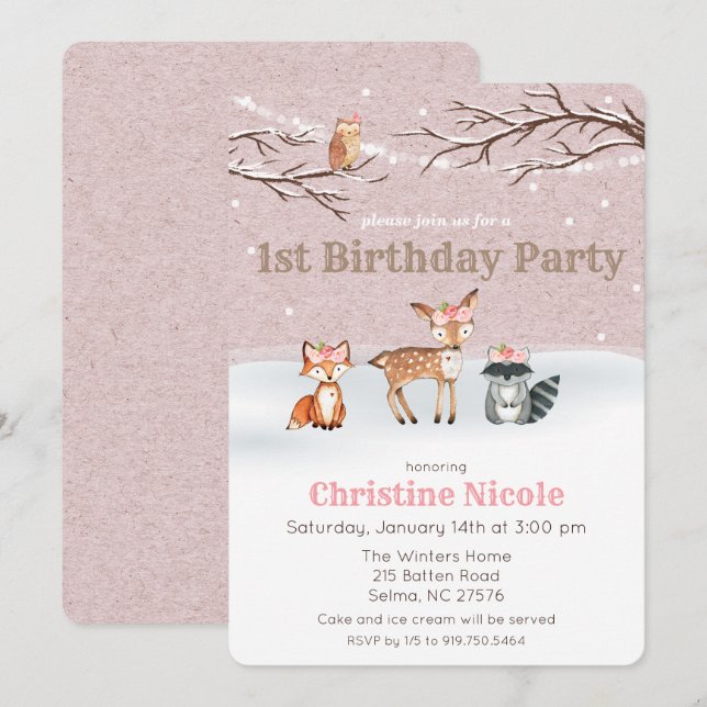 Woodland Animals Girl 1st Birthday Invitation (Front/Back)