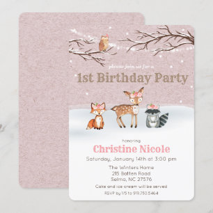 Woodland Animals Girl 1st Birthday Invitation