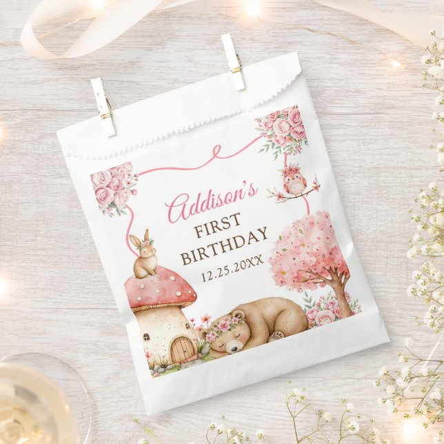 Woodland Animals Girl 1st Birthday Party Favour Bags (Clipped)